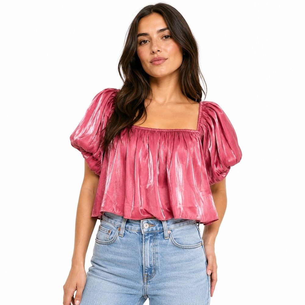 TCEC Metallic Pink Puff Sleeve Bodysuit Women Small Ruffle Romantic Party Top